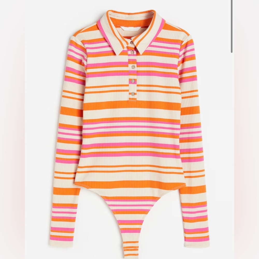 H&M Pink Orange Cream Strip Body Suit‎ Long Sleeve Collared New Women’s M